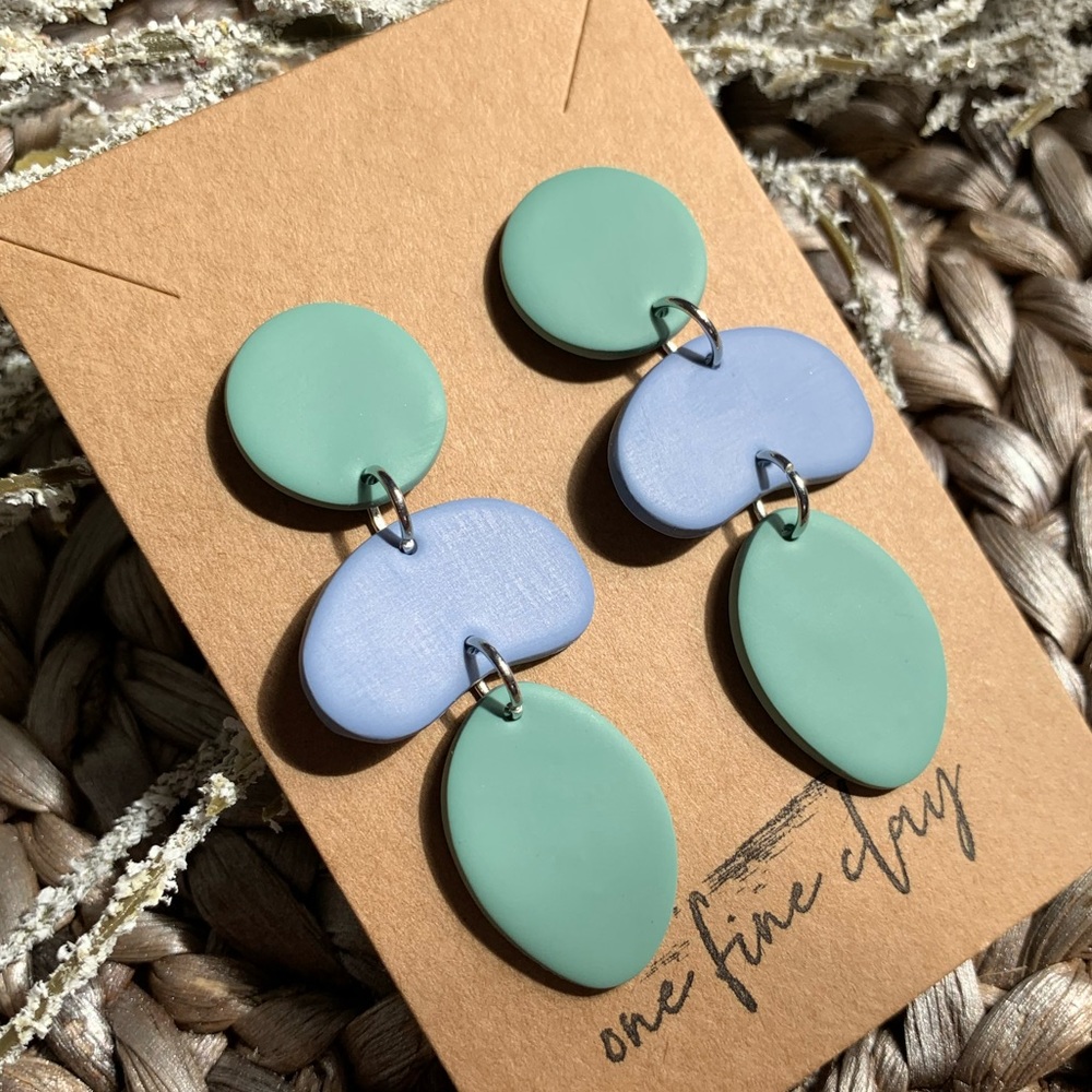 Color Block Clay Earrings | Muted Green & Blue